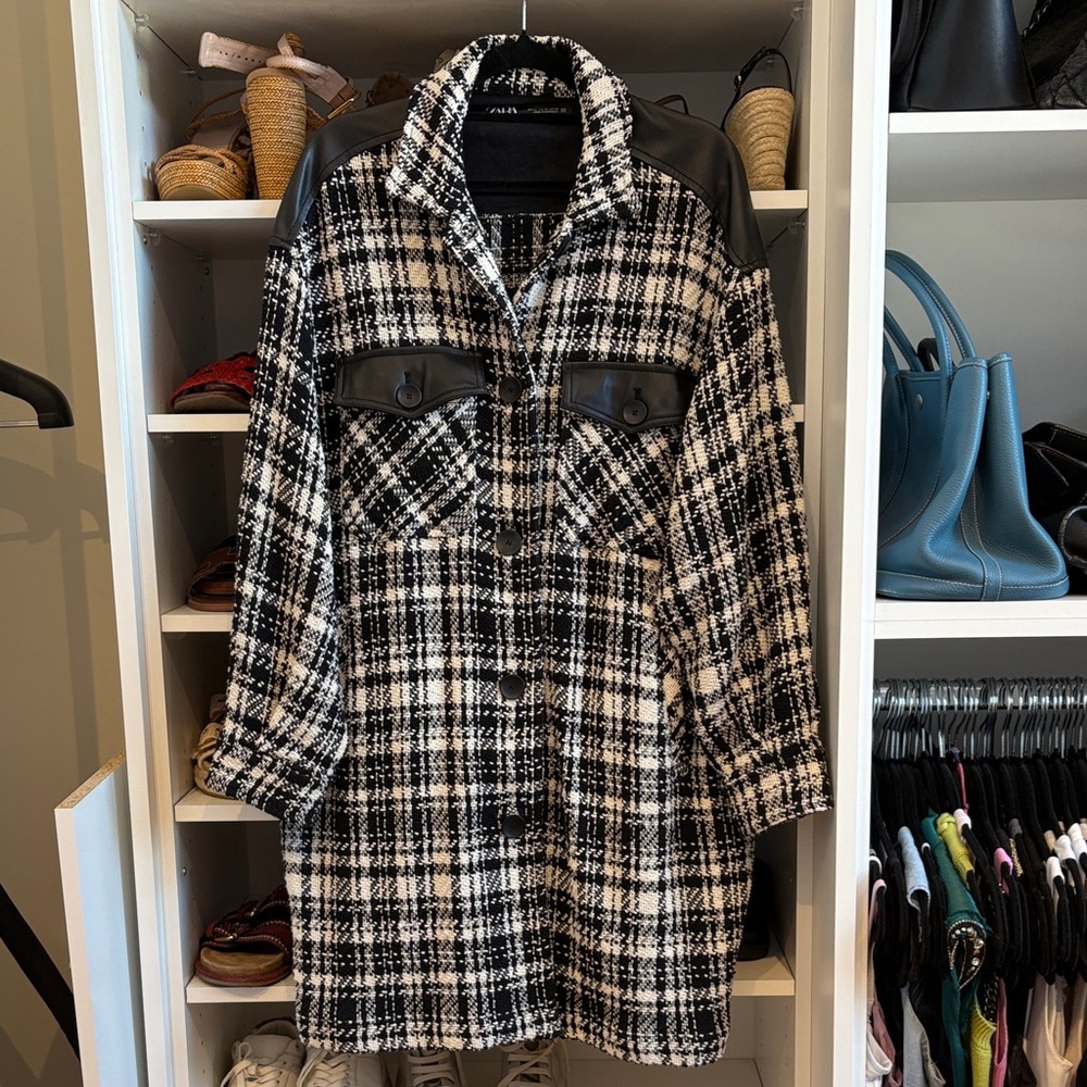 Zara Black and White Plaid Teddy Jacket